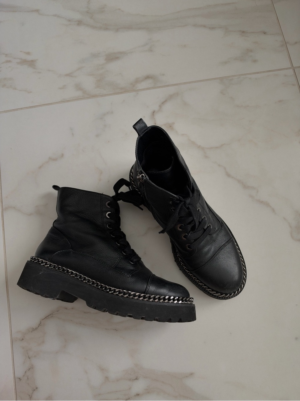 Vince Camuto Black Leather Lace-Up Ankle Booties with Chain Trim